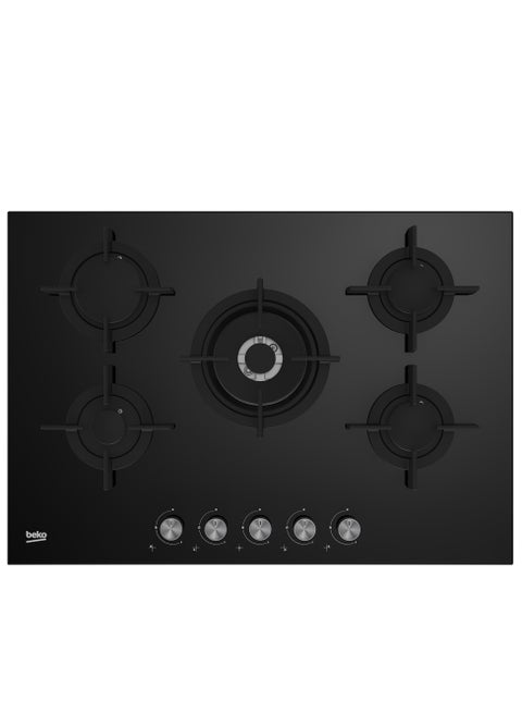 Built-In Gas Cooker - 75 CM - Black Ceramic Glass - Separate Cast Iron Grids - 5 Burners - Full Safety HILW 75222 S Black