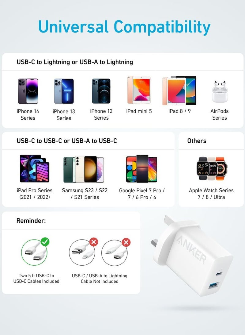 Anker USB C Charger, iPhone Charger,2-Pack 20W Dual Port USB Fast Charger Plug,Type C Charger for iPhone 16/16 Pro/16 Pro Max/15/14,iPad,AirPods,Samsung S25/S24/S23(2-Pack 5 ft USB-C Cables Included) White  - Image 5