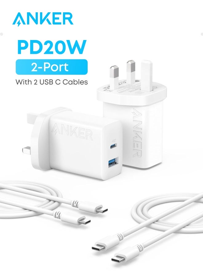 Anker USB C Charger, iPhone Charger,2-Pack 20W Dual Port USB Fast Charger Plug,Type C Charger for iPhone 16/16 Pro/16 Pro Max/15/14,iPad,AirPods,Samsung S25/S24/S23(2-Pack 5 ft USB-C Cables Included) White  - Image 1