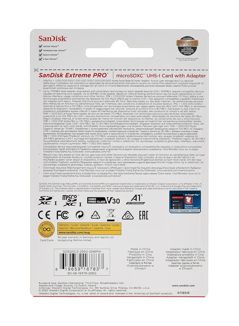 سانديسك Extreme Pro Microsdxc Memory Card + Sd Adapter With A2 App Performance Up To 170 Mb/S, Class 10, U3, V30 256 GB  - Image 2