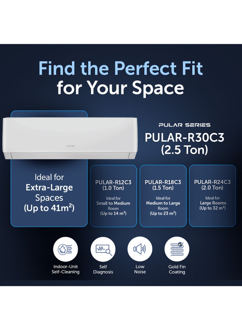 GREE - 2.5 Ton Split Air Conditioner with Rotary Compressor PULAR-R30C3 | 3D Air Flow | WIFI | Turbo Mode | I-Feel Function | Gold Fin | FREE Installation And 5 Years Full Warranty + 5 Years Spare Parts PULAR-R30C3 White - Image 1