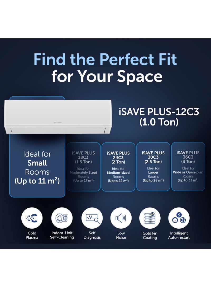 GREE - 1.0 Ton Split Air Conditioner – iSAVE PLUS-12C3 | Inverter Compressor | Wi-Fi Enabled | R410A Refrigerant | 3D Airflow | FREE Installation And 5 Years Full Warranty + 5 Years Spare Parts iSAVE PLUS-12C3 White - Image 1