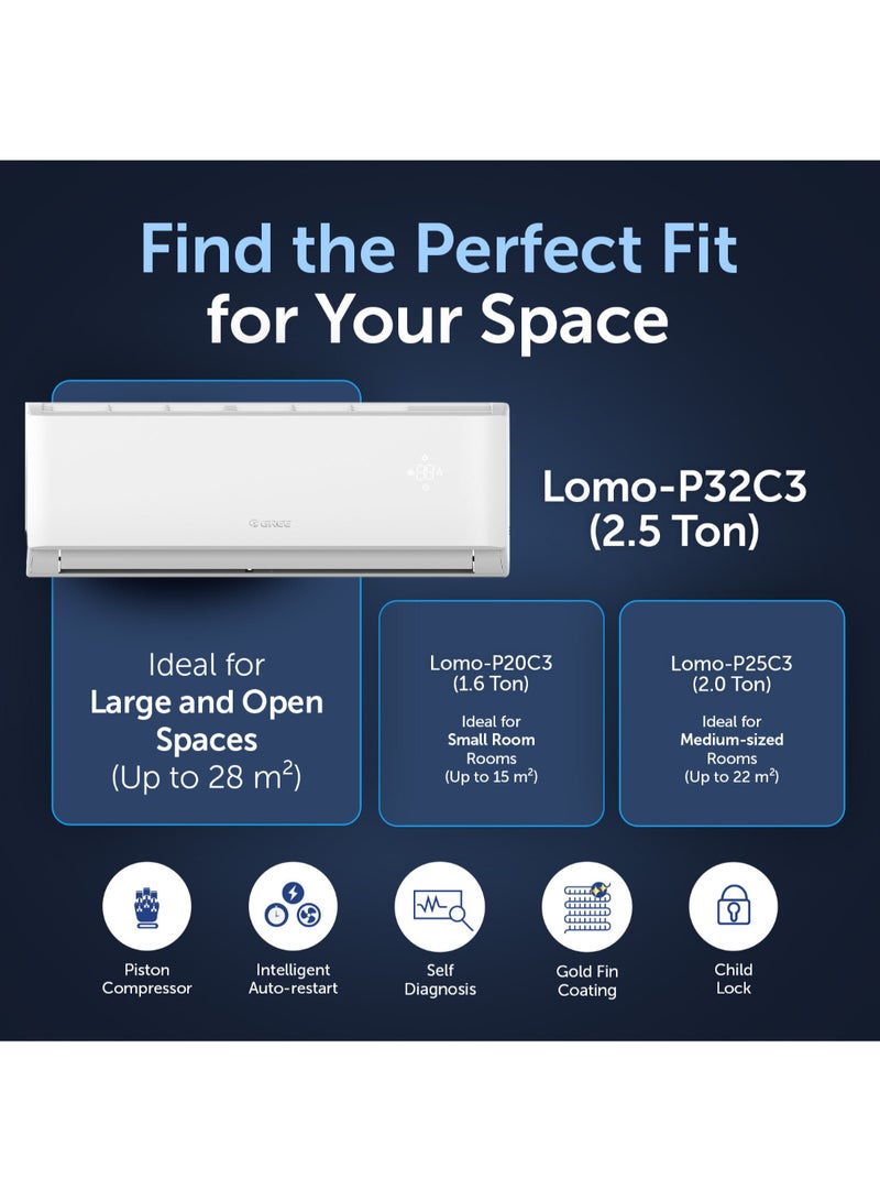 GREE - 2.5 Ton Split Air Conditioner with Piston Compressor Lomo-P32C3 | R410A | 3D Air Flow | Turbo Mode | I-Feel Function | Gold Fin | FREE Installation And 5 Years Full Warranty + 5 Years Spare Parts Lomo-P32C3 White - Image 1