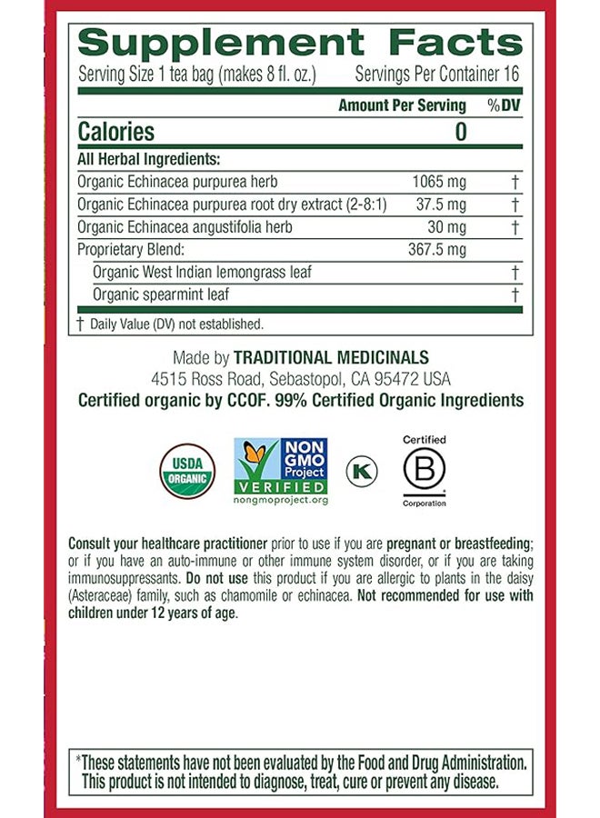 Traditional Medicinals Organic Echinacea Plus Tea Bags Original With Spearmint Promotes Immune Function Caffeine Free 16 Tea Bags 24G  - Image 2