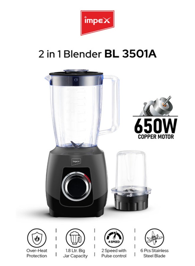 Impex 2-in-1 Blender 650W (BL3501A) | Powerful Motor with Grinder Jar | 1.8L Capacity | 6 Stainless Steel Blades | 2 Speeds + Pulse Control | Safety Switch & Overheat Protection | 2-Year Warranty 1.8 L 650 W BL 3501A Black - Image 1