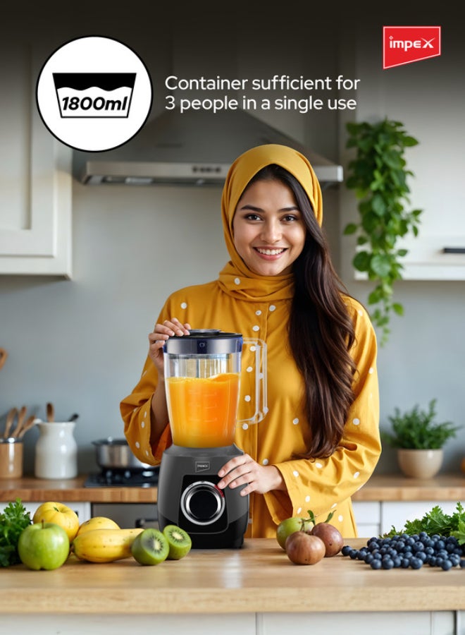 Impex 2-in-1 Blender 650W (BL3501A) | Powerful Motor with Grinder Jar | 1.8L Capacity | 6 Stainless Steel Blades | 2 Speeds + Pulse Control | Safety Switch & Overheat Protection | 2-Year Warranty 1.8 L 650 W BL 3501A Black - Image 4
