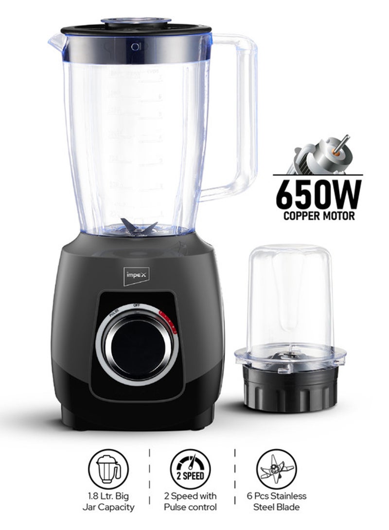 Impex 2-in-1 Blender 650W | Powerful Motor with Mixer Grinder Jar | 1.8L Capacity Juice maker | 6 Stainless Steel Blades | 2 Speeds + Pulse Control | Safety Switch & Overheat Protection | 2-Year Warranty 1.8 L 650 W BL 3501A Black - Image 1