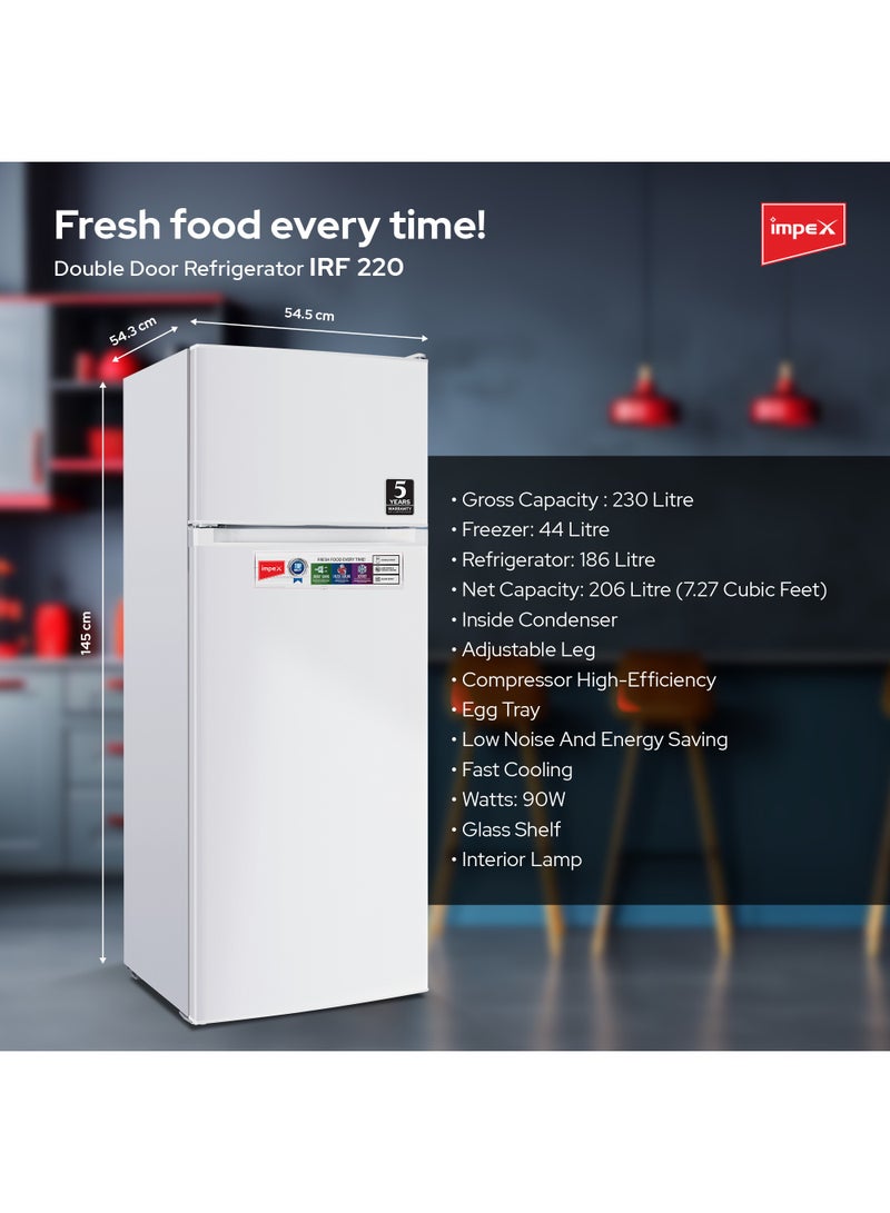 Impex - Double Door Refrigerator 230 Liter, Fast Cooling Fridge, Freezer, Energy Efficient And Silent Operation 90 W IRF 220 White - Image 1