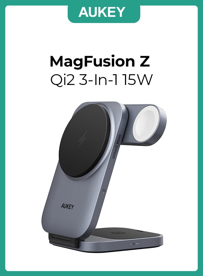 Aukey MagFusion Z Qi2 3-In-1 Foldable Magnatic Fast Wireless Charging Station Grey - Image 1