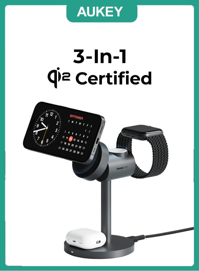 Aukey MagFusion 3-In-1 Qi2 Magnatic Fast Wireless Charging Station Grey - Image 1