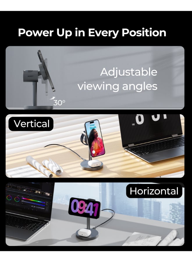 Aukey MagFusion 3-In-1 Qi2 Magnatic Fast Wireless Charging Station Grey - Image 5