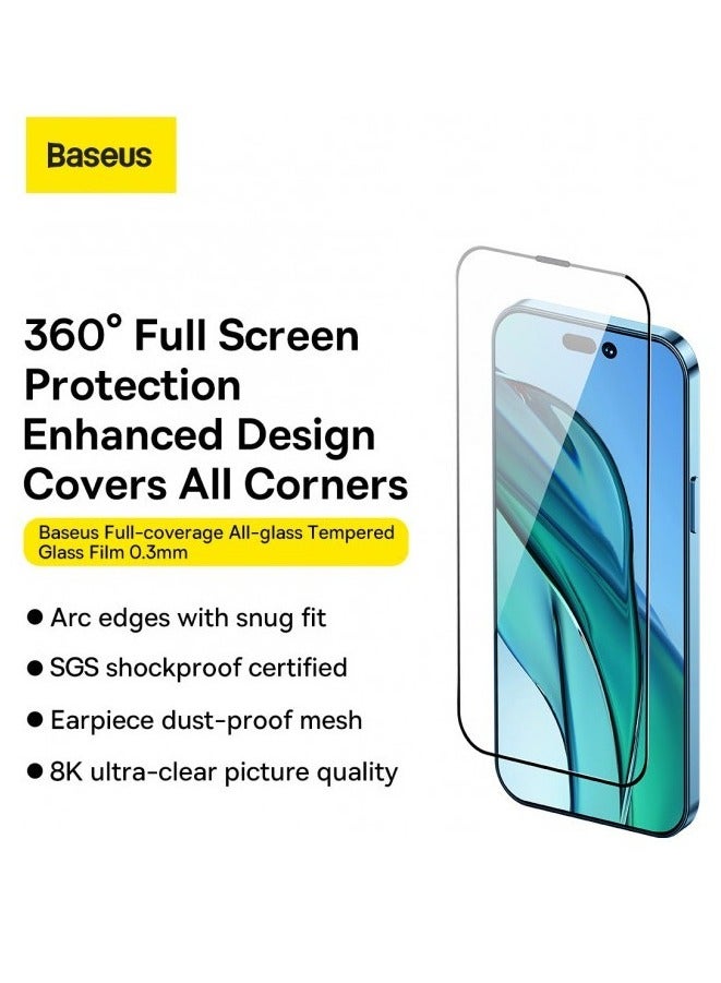 Baseus Full-Coverage 0.3mm All-Tempered-Glass Screen Protector (With Dust Filter) For iP 14 Pro (Pack Of 2 With FastStick Film Application Tool And 2 Cleaning Kits), Clear  - Image 3