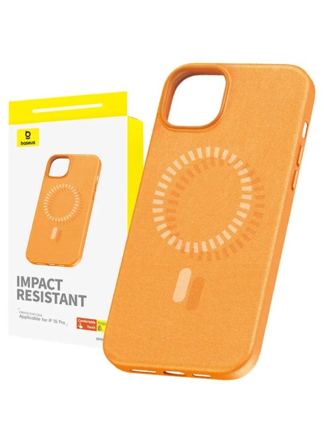 بيسوس Fauxther Series Magnetic Phone Case For iP 15 Pro, Sunset Orange - Image 2