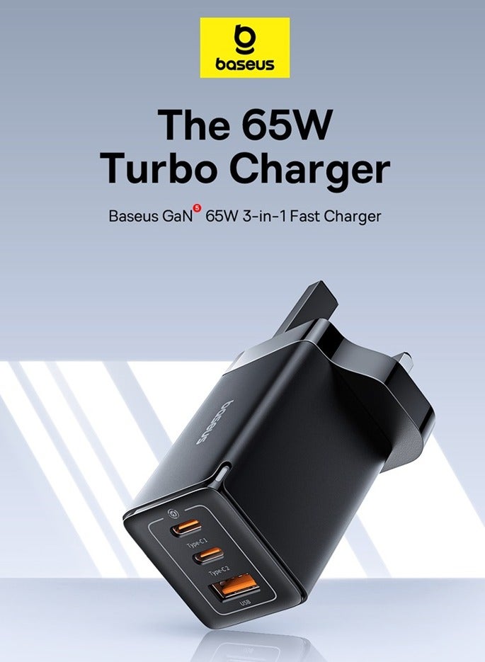 OS GaN5 Pro Fast Charger 2C+U 65W UK Cluster Black (Include - Baseus Xiaobai Series Fast Charging Cable Type-C  to Type-C 100W(20V/5A) 1m) Black