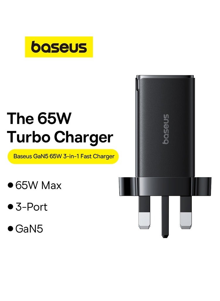 OS GaN5 Pro Fast Charger 2C+U 65W UK Cluster Black (Include - Baseus Xiaobai Series Fast Charging Cable Type-C  to Type-C 100W(20V/5A) 1m) Black