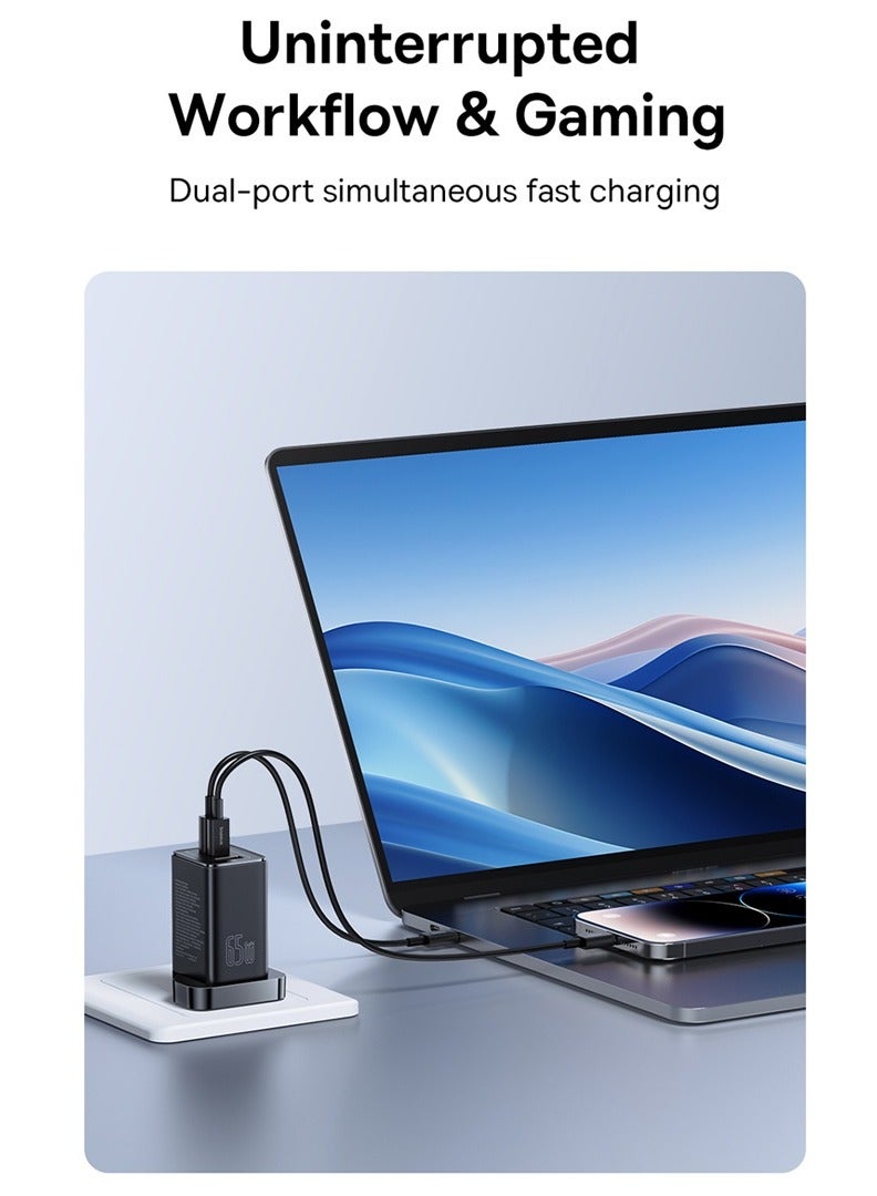 OS GaN5 Pro Fast Charger 2C+U 65W UK Cluster Black (Include - Baseus Xiaobai Series Fast Charging Cable Type-C  to Type-C 100W(20V/5A) 1m) Black