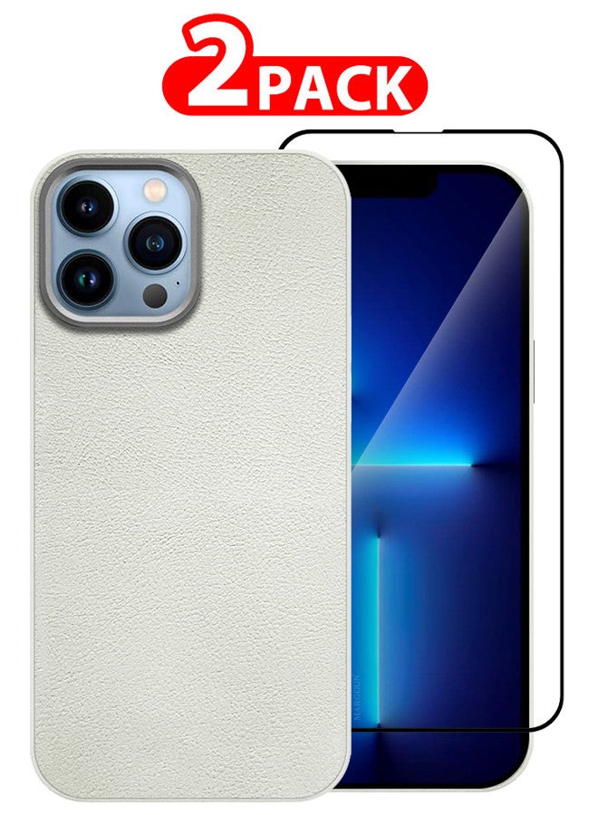 MARGOUN (for iPhone 13 Pro Max) 2 Pack Case Cover and Screen Protector Leather Case with Lens Frame Shockproof Full Body Protective Cover White - Image 1