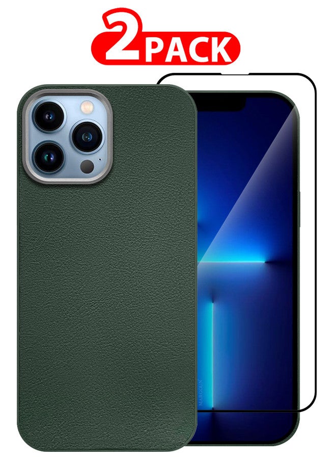 MARGOUN (for iPhone 13 Pro Max) 2 Pack Case Cover and Screen Protector Leather Case with Lens Frame Shockproof Full Body Protective Cover Green - Image 1