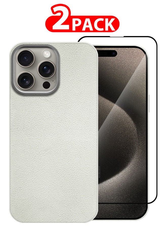 MARGOUN (for iPhone 15 Pro) 2 Pack Case Cover and Screen Protector Leather Case with Lens Frame Shockproof Full Body Protective Cover White - Image 1