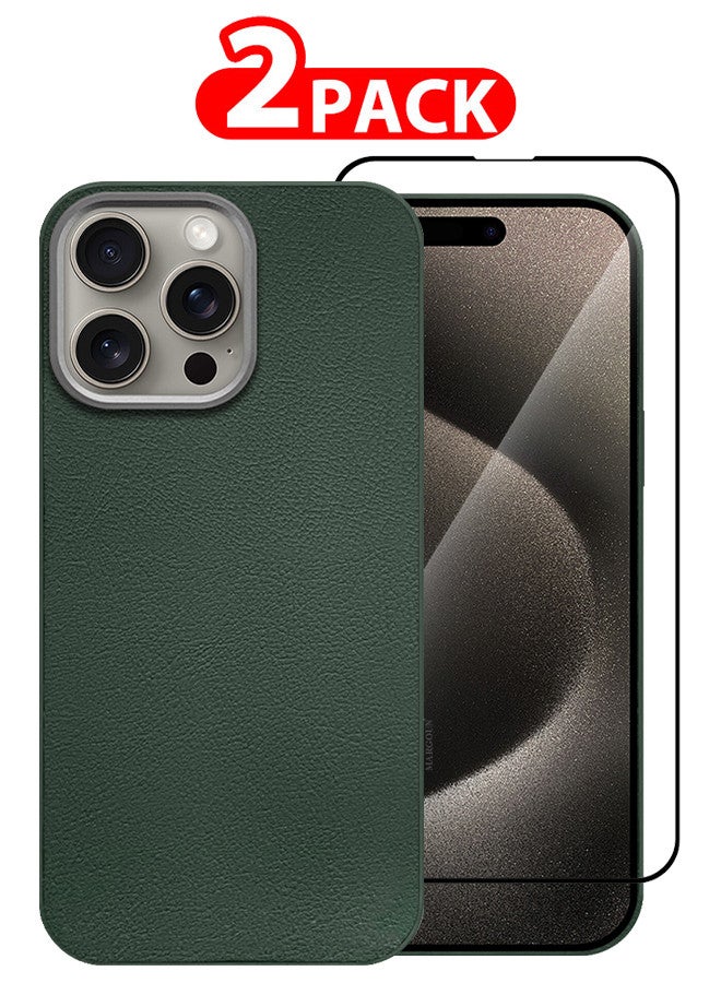 MARGOUN (for iPhone 15 Pro) 2 Pack Case Cover and Screen Protector Leather Case with Lens Frame Shockproof Full Body Protective Cover Green - Image 1