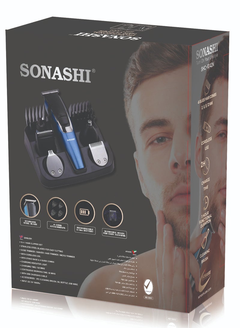 SONASHI - 9in1 Rechargeable Hair Clipper Set With Stainless Steel Blade Hair Trimmer Nose Trimmer Shaver Micro Trimmer With Cordless Function Cordless Hair Clipper With Continuous Working Time 60 Mins  SHC-1042N Blue - Image 1