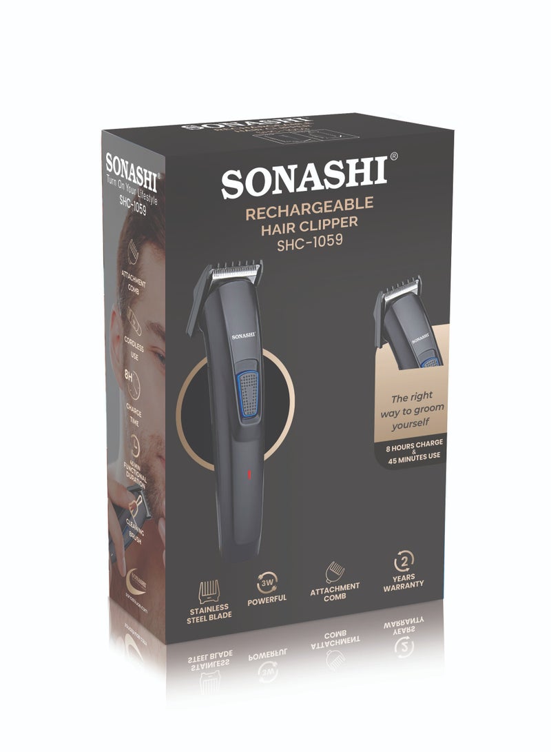 Rechargeable Hair Clipper  Sharp Stainless Steel Cutter Blade With Cordless Continuous Working Time  3 Hours With Liion Battery And USB Cable For Charging  SHC-1059 Black