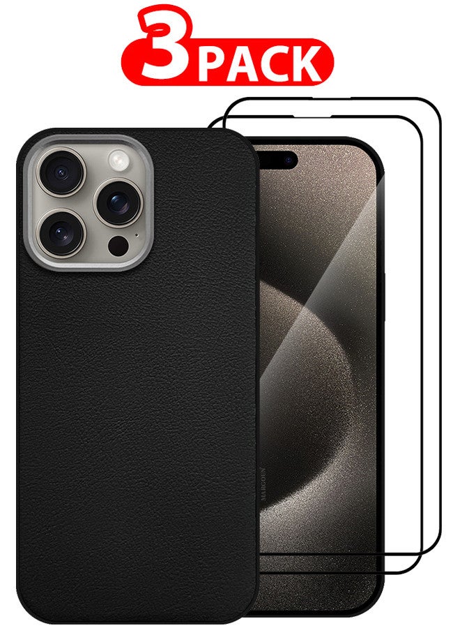 MARGOUN (for iPhone 15 Pro Max) 3 Pack Case Cover and 2 Screen Protectors Leather Case with Lens Frame Shockproof Full Body Protective Cover Black - Image 1