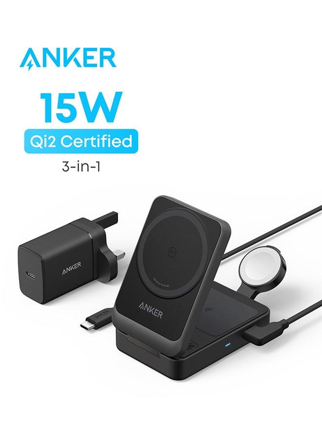 Anker MagGo 3-in-1 Wireless Charging Station, MagSafe Charger Compatible, Qi2 Certified 15W Wireless Stand, Apple Watch Charger for MagSafe, For iPhone 16, 15, AirPods (40W USB C Charger Included) Black  - Image 1
