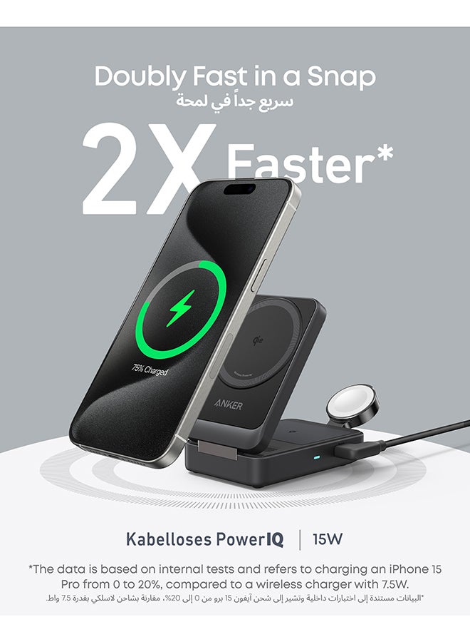 Anker MagGo 3-in-1 Wireless Charging Station, MagSafe Charger Compatible, Qi2 Certified 15W Wireless Stand, Apple Watch Charger for MagSafe, For iPhone 16, 15, AirPods (40W USB C Charger Included) Black  - Image 2