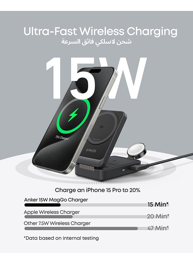 Anker MagGo 3-in-1 Wireless Charging Station, MagSafe Charger Compatible, Qi2 Certified 15W Wireless Stand, Apple Watch Charger for MagSafe, For iPhone 16, 15, AirPods (40W USB C Charger Included) Black  - Image 3