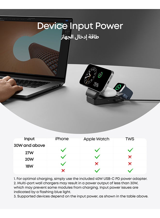 MagGo 3-in-1 Wireless Charging Station, MagSafe Charger Compatible, Qi2 Certified 15W Wireless Stand, Apple Watch Charger for MagSafe, For iPhone 16, 15, AirPods (40W USB C Charger Included) Black