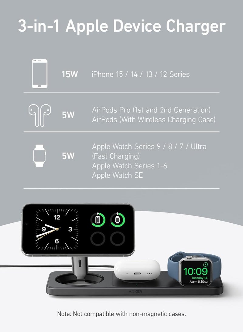 Anker - MagSafe Charger Compatible, Foldable 3-in-1 Wireless Charging Station, Qi2 Certified 15W Ultra-Fast Charger, For iPhone 15 Series, AirPods, Apple Watch Ultra (USB C Charger and Cable Included) Black - Image 1