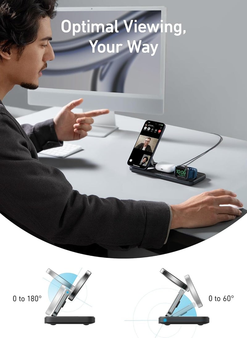 Anker - MagSafe Charger Compatible, Foldable 3-in-1 Wireless Charging Station, Qi2 Certified 15W Ultra-Fast Charger, For iPhone 15 Series, AirPods, Apple Watch Ultra (USB C Charger and Cable Included) Black - Image 1
