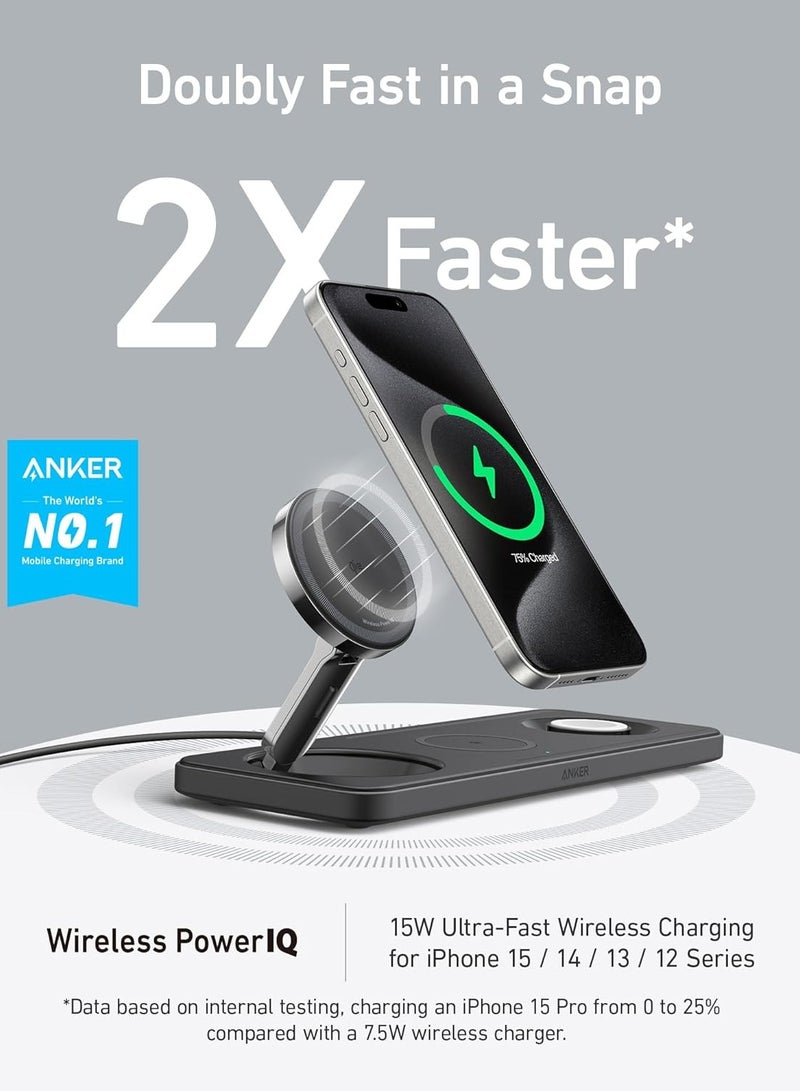 Anker - MagSafe Charger Compatible, Foldable 3-in-1 Wireless Charging Station, Qi2 Certified 15W Ultra-Fast Charger, For iPhone 15 Series, AirPods, Apple Watch Ultra (USB C Charger and Cable Included) Black - Image 1