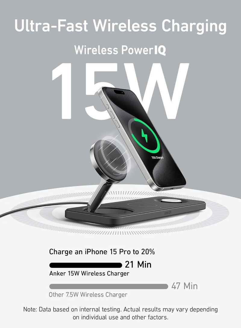 Anker - MagSafe Charger Compatible, Foldable 3-in-1 Wireless Charging Station, Qi2 Certified 15W Ultra-Fast Charger, For iPhone 15 Series, AirPods, Apple Watch Ultra (USB C Charger and Cable Included) Black - Image 1
