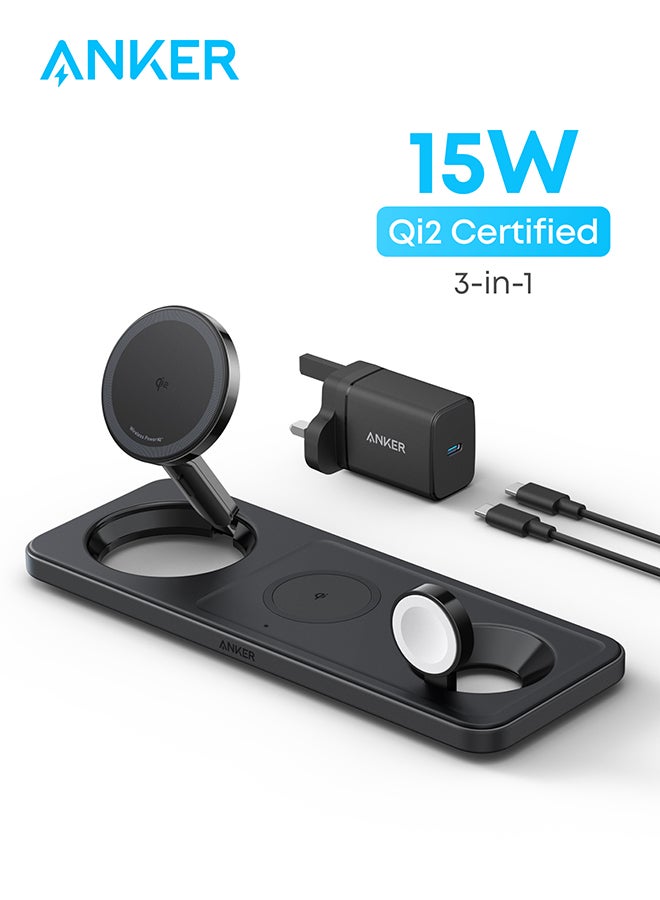 Anker MagSafe Charger Compatible, Foldable 3-in-1 Wireless Charging Station, Qi2 Certified 15W Ultra-Fast Charger, For iPhone 16 Series, AirPods, Apple Watch Ultra (USB C Charger and Cable Included) Black  - Image 1