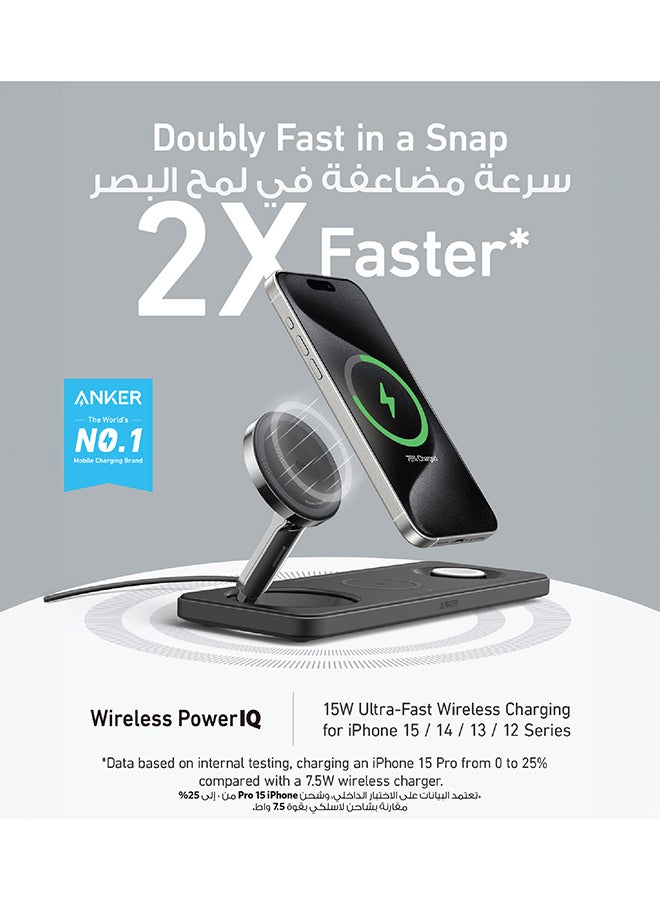 Anker MagSafe Charger Compatible, Foldable 3-in-1 Wireless Charging Station, Qi2 Certified 15W Ultra-Fast Charger, For iPhone 16 Series, AirPods, Apple Watch Ultra (USB C Charger and Cable Included) Black  - Image 2