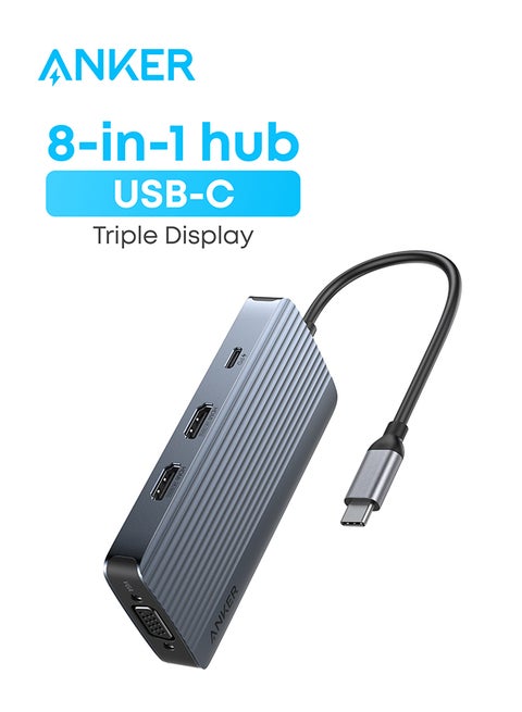 8-in-1 USB-C Hub, USB C Docking Station Triple Display Multi-Port Dongle with 2 HDMI 4K and VGA 1080p, 5Gbps Data Transfers, USB Ports for MacBook Air/Pro, Dell XPS, iPad Pro, and More Gray