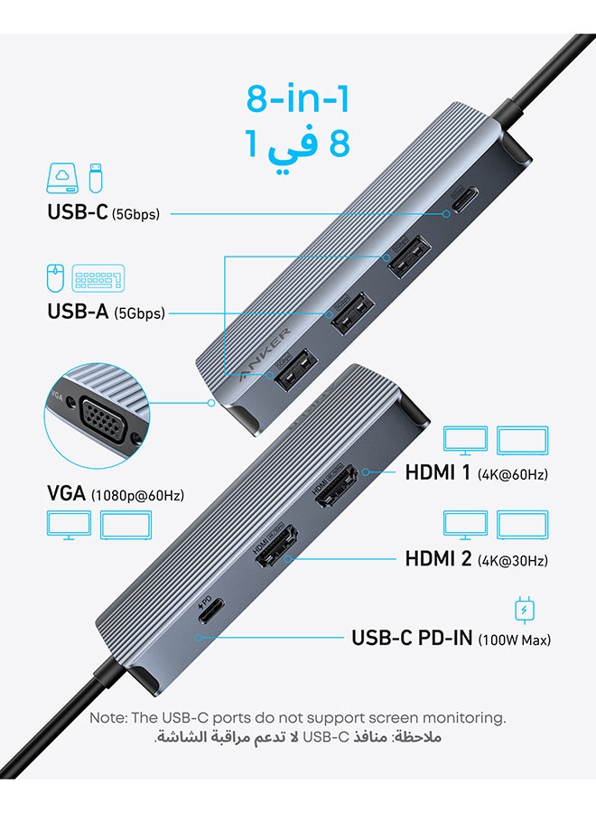 8-in-1 USB-C Hub, USB C Docking Station Triple Display Multi-Port Dongle with 2 HDMI 4K and VGA 1080p, 5Gbps Data Transfers, USB Ports for MacBook Air/Pro, Dell XPS, iPad Pro, and More Gray