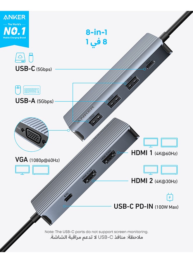 8-in-1 USB-C Hub, USB C Docking Station Triple Display Multi-Port Dongle with 2 HDMI 4K and VGA 1080p, 5Gbps Data Transfers, USB Ports for MacBook Air/Pro, Dell XPS, iPad Pro, and More Gray