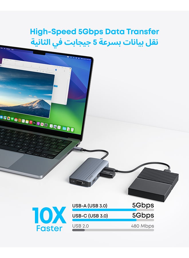 8-in-1 USB-C Hub, USB C Docking Station Triple Display Multi-Port Dongle with 2 HDMI 4K and VGA 1080p, 5Gbps Data Transfers, USB Ports for MacBook Air/Pro, Dell XPS, iPad Pro, and More Gray