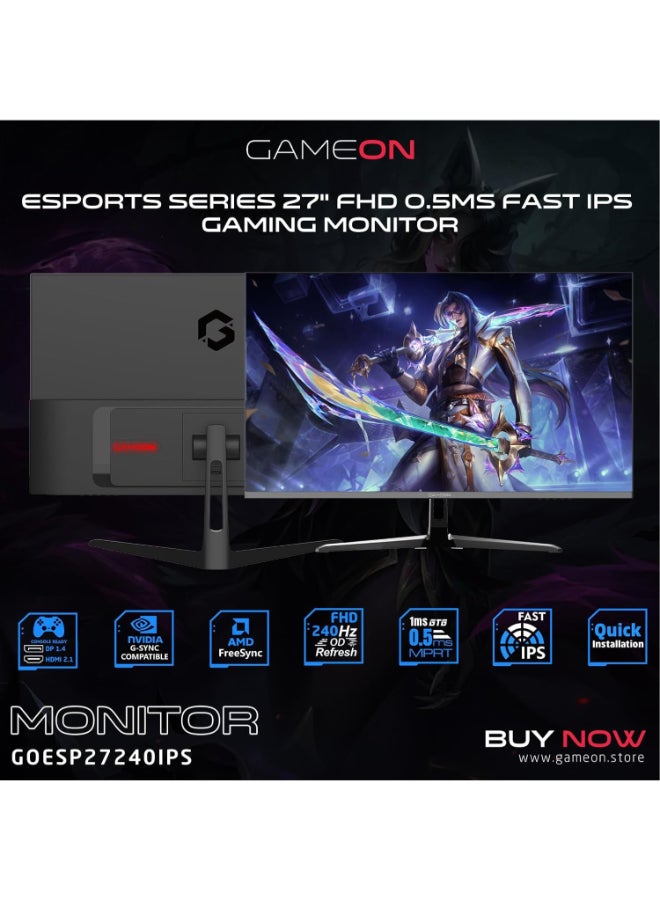 GAMEON 27 inch E-sports Series Black Gaming Monitor, 1920x1080p FHD IPS Panel, 240Hz Refresh Rate, 0.5ms Response Time, Supports HDR 10, PS5, GOESP27240IPS Black - Image 2