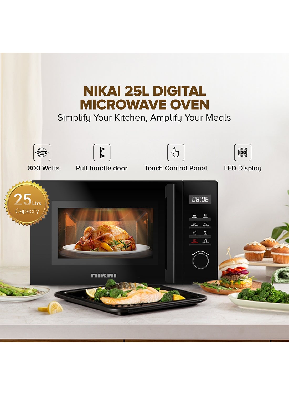 نيكاي 25L Microwave Oven, Digital Touch Control, 8 Power Levels & 5 Auto Menus, Touch Control Panel, 96 min Timer, Convenient Pull Hand Door 25 L 800 W NMO2610DB Black 