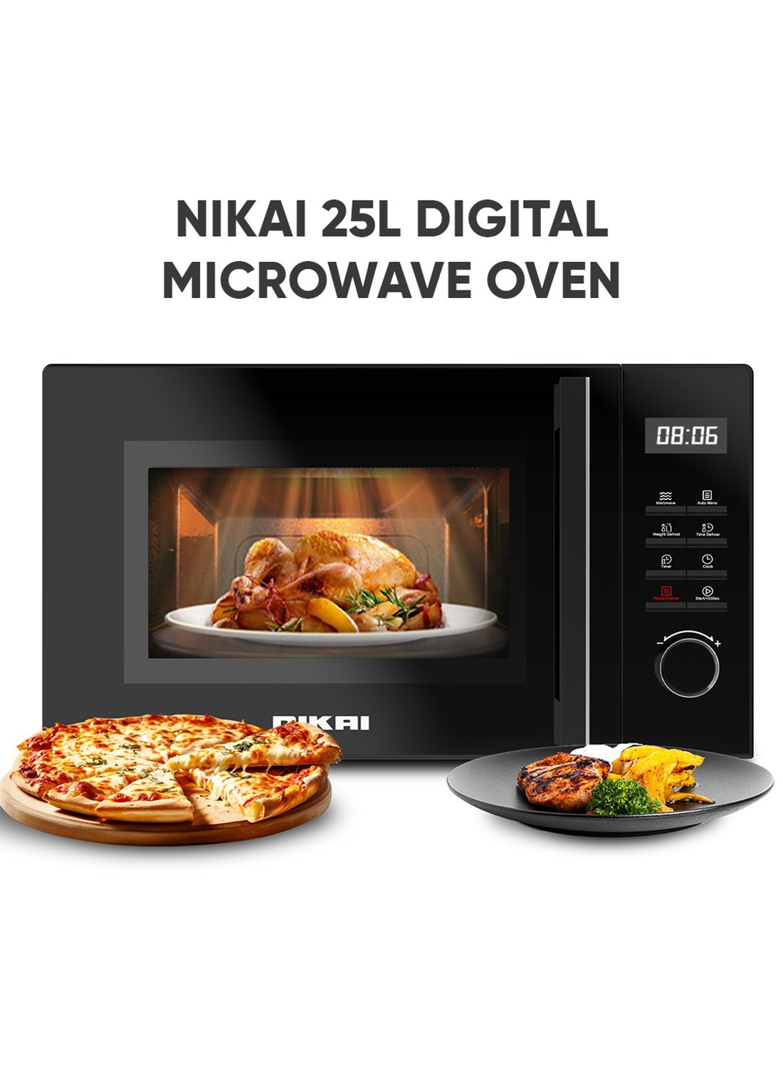 NIKAI 25L Microwave Oven with Digital Touch Control Panel, 30 Sec Express Start, 8 Auto Preset Menu,  5 Power Levels, Perfect for Instant Reheating, Defrosting & Cooking, Child Safety Lock, Convenient Pull Hand Door 25 L 800 W NMO2610DB Black 