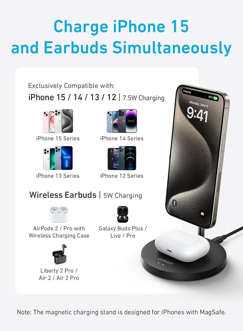 Anker - Wireless Charging Stand, PowerWave 2-in-1 Magnetic Stand Lite with USB-C Cable, Compatible with iPhone 15/15 Pro/15 Plus/15 Pro Max/14/13 and AirPods 2/Pro - No AC Adapter Included Black - Image 1