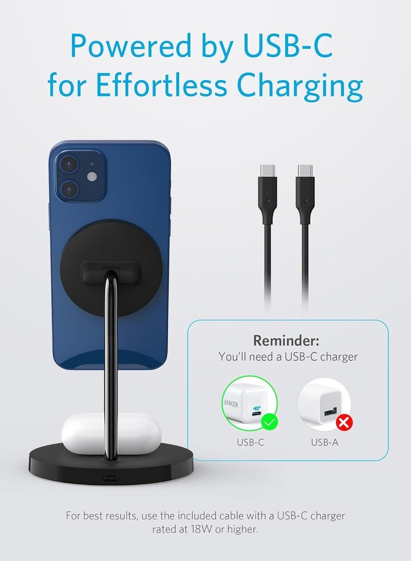 Anker - Wireless Charging Stand, PowerWave 2-in-1 Magnetic Stand Lite with USB-C Cable, Compatible with iPhone 15/15 Pro/15 Plus/15 Pro Max/14/13 and AirPods 2/Pro - No AC Adapter Included Black - Image 1