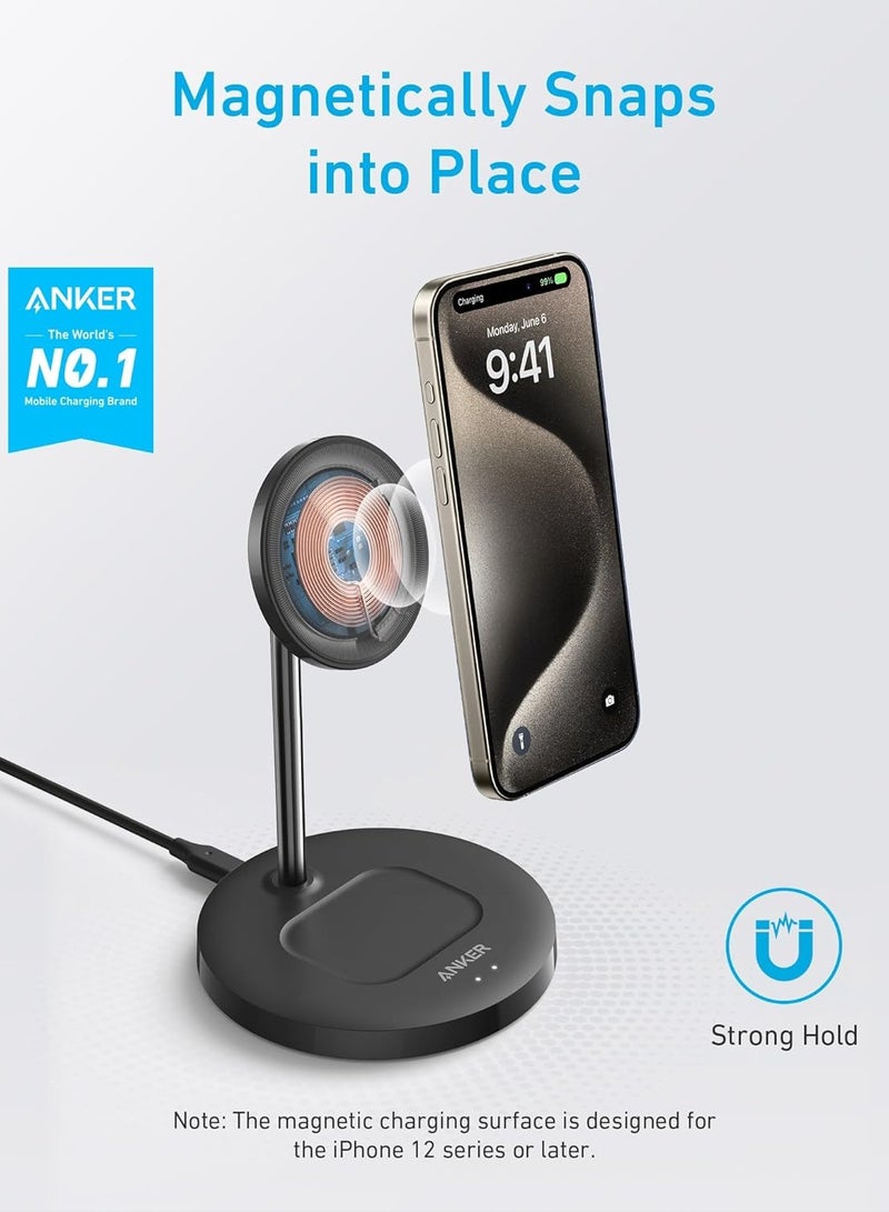 Anker - Wireless Charging Stand, PowerWave 2-in-1 Magnetic Stand Lite with USB-C Cable, Compatible with iPhone 15/15 Pro/15 Plus/15 Pro Max/14/13 and AirPods 2/Pro - No AC Adapter Included Black - Image 1