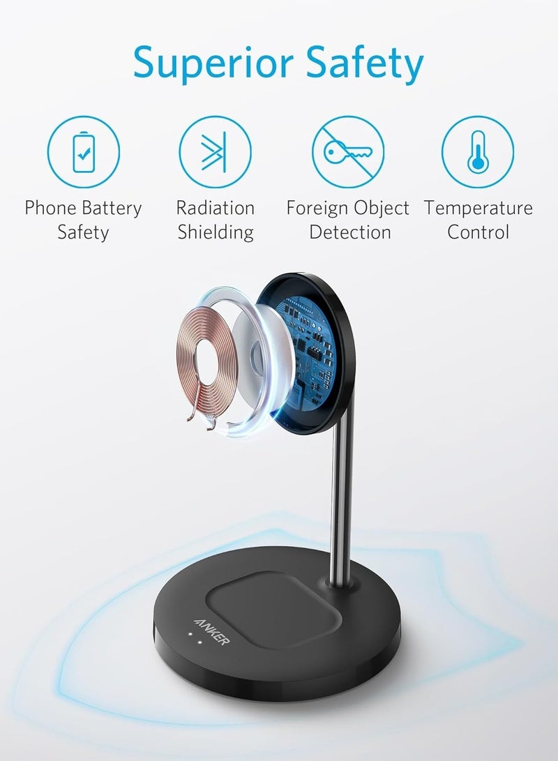 Anker - Wireless Charging Stand, PowerWave 2-in-1 Magnetic Stand Lite with USB-C Cable, Compatible with iPhone 15/15 Pro/15 Plus/15 Pro Max/14/13 and AirPods 2/Pro - No AC Adapter Included Black - Image 1