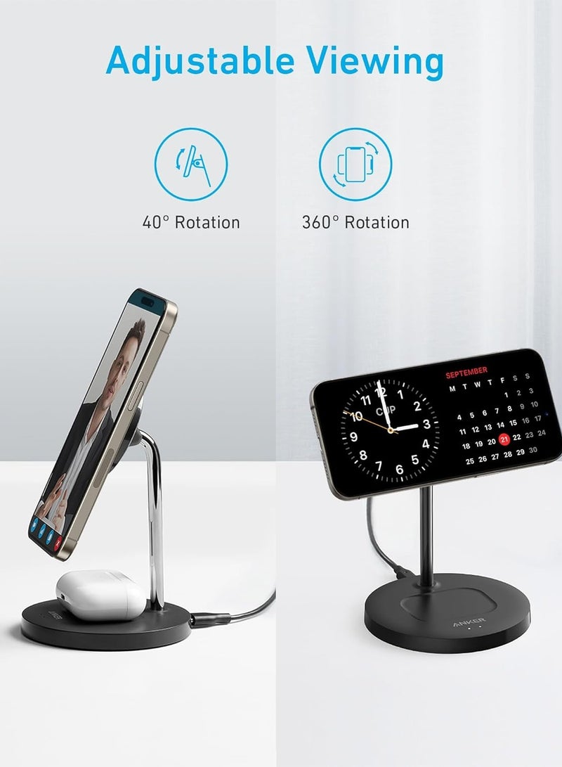 Anker - Wireless Charging Stand, PowerWave 2-in-1 Magnetic Stand Lite with USB-C Cable, Compatible with iPhone 15/15 Pro/15 Plus/15 Pro Max/14/13 and AirPods 2/Pro - No AC Adapter Included Black - Image 1