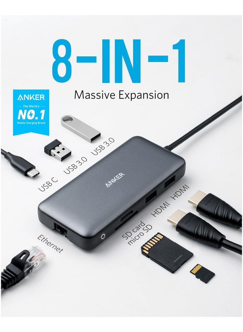 Anker - 553 USB-C Hub, 8-in-1 USB C Dock, Dual 4K HDMI USB C to USB Adapter, 1 Gbps Ethernet USB Hub, 100W Power Delivery, SD Card Reader for MacBook Pro, XPS and More Gray - Image 1